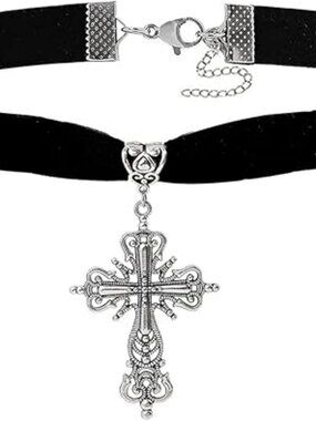 Goth Black Velvet Cross Choker Necklace Cameo Black Choker Collar Gothic Jewelry